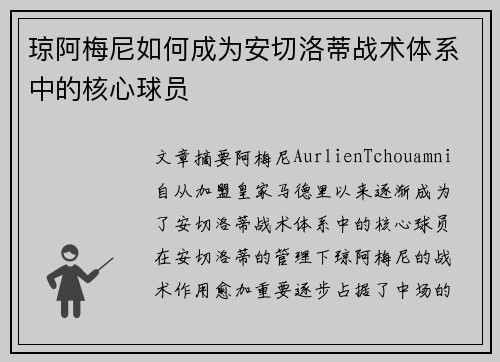 琼阿梅尼如何成为安切洛蒂战术体系中的核心球员